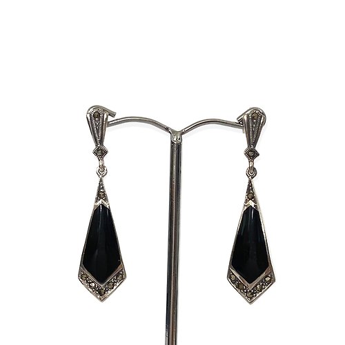alisadesigns Art Deco Style Triangle Drop Earrings Black Onyx & Marcasite 925 Sterling Silver