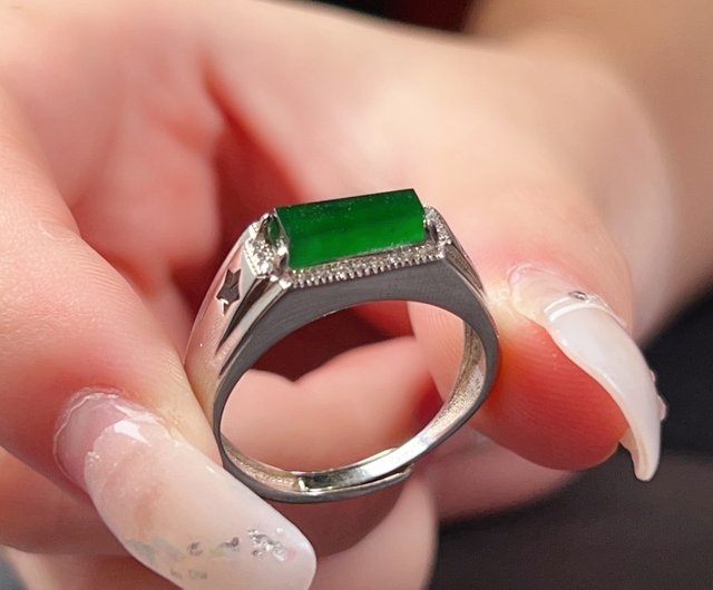 アイスグリーン翡翠「無事牌」925純銀リング | 天然ミャンマー産A貨