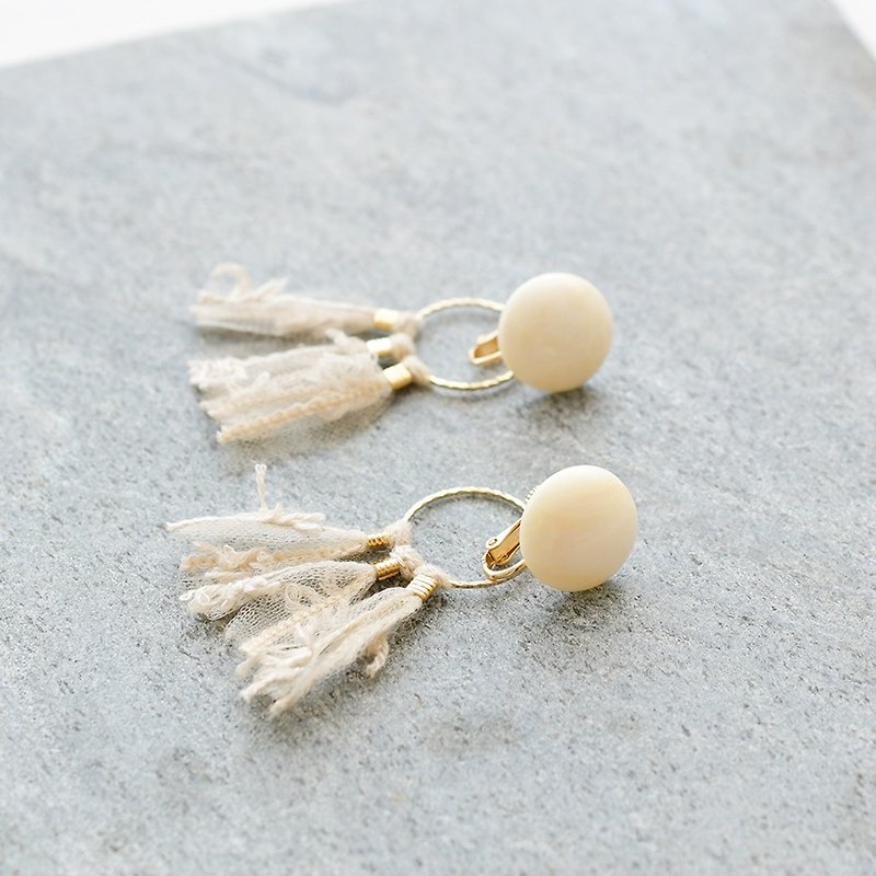Marble Dome Tassel Earrings /Beige - Earrings & Clip-ons - Cotton & Hemp White