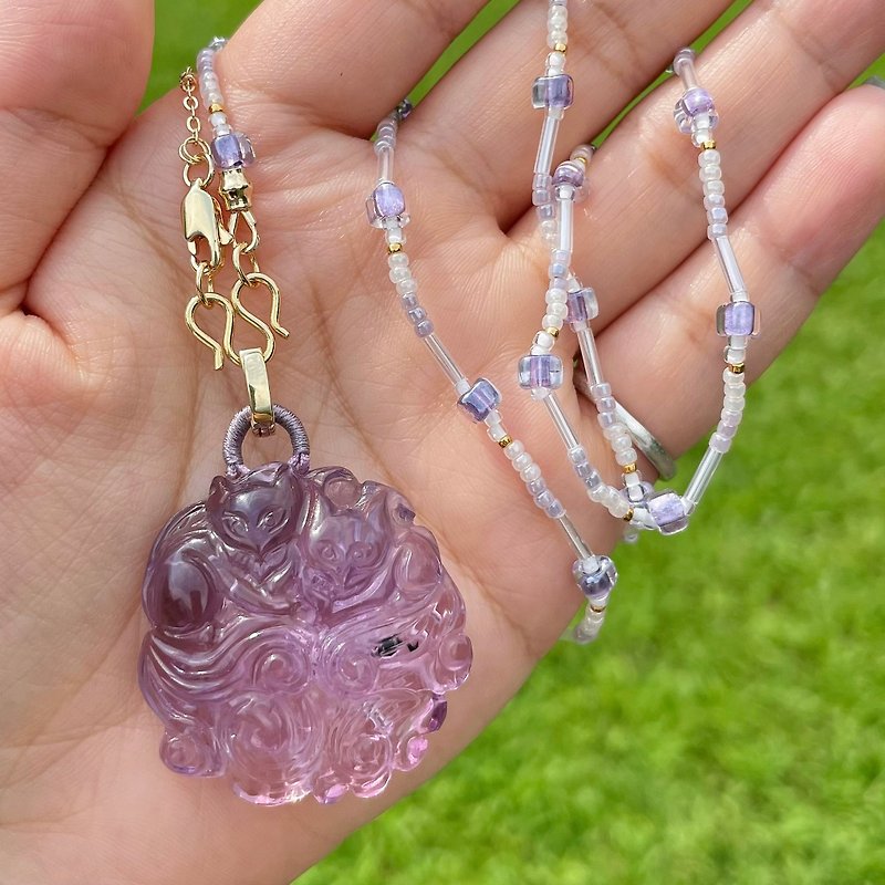 紫晶海膽花雙子狐仙 x 日本珠設計款項鍊 - 項鍊 - 半寶石 