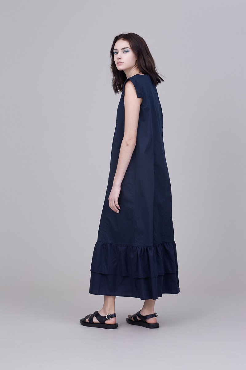 Shan Yong 深藍亞麻袖片造型下擺雙層荷葉邊長版洋裝 - 洋裝/連身裙 - 棉．麻 