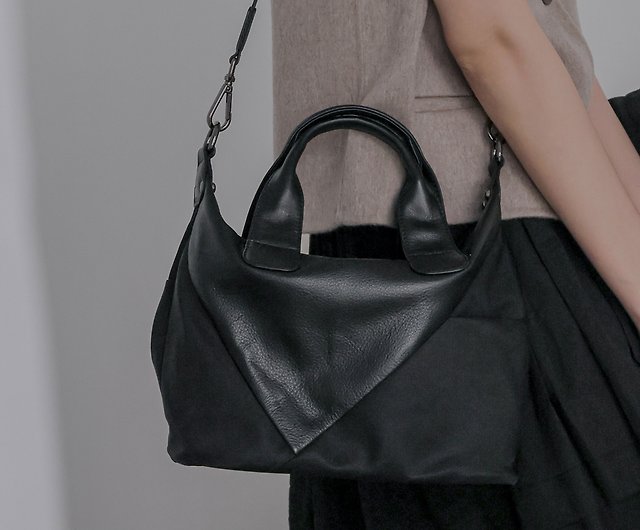 Triangle Sling Bag - Black Leather