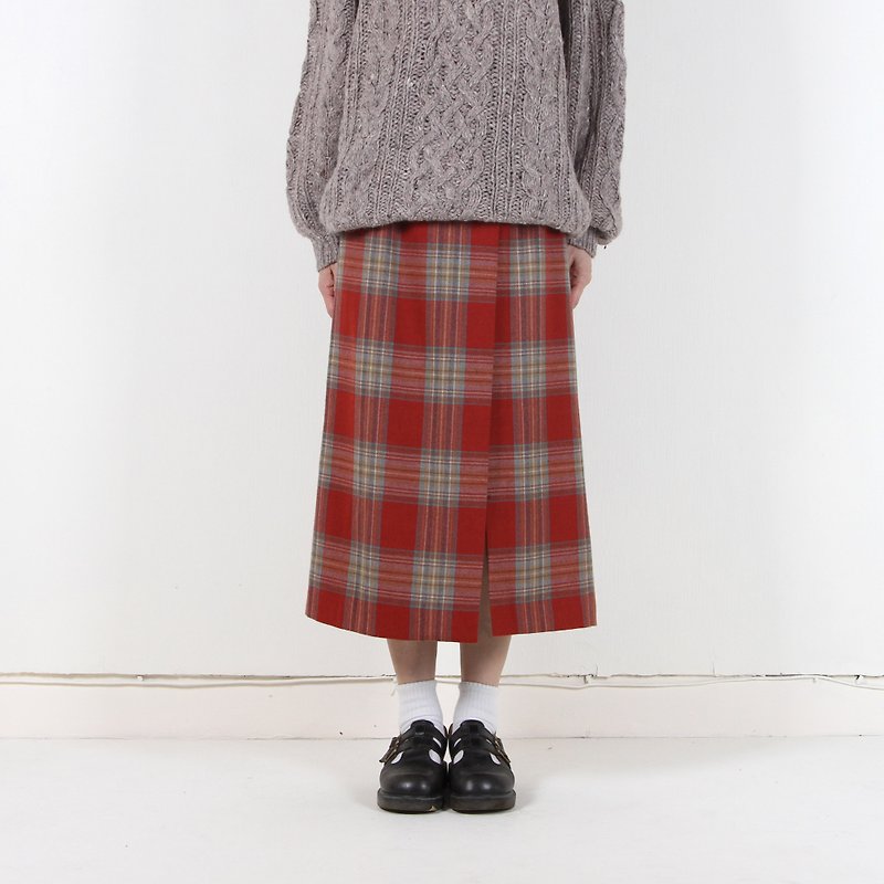 [Vintage] eggplant strawberry jam check vintage high waist wool dress - Skirts - Wool Red