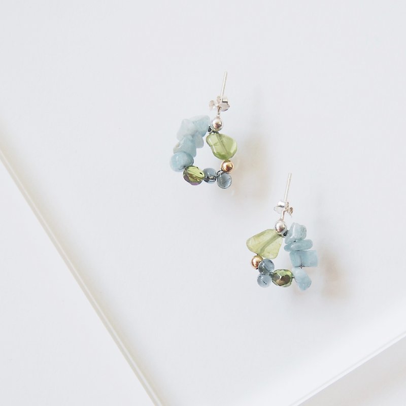 四季之色 夏色 橄欖石 海藍寶 天然石水晶拼配純銀耳針耳環 - 耳環/耳夾 - 水晶 綠色