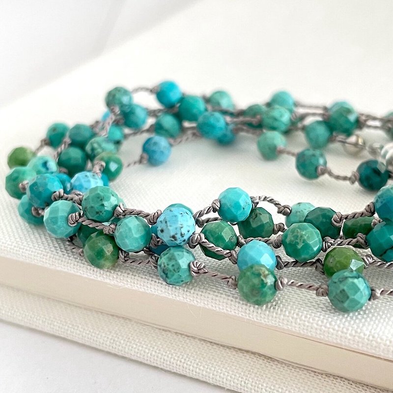 Long necklace, natural small turquoise, changeable to glass cord - สร้อยคอ - หิน สีน้ำเงิน