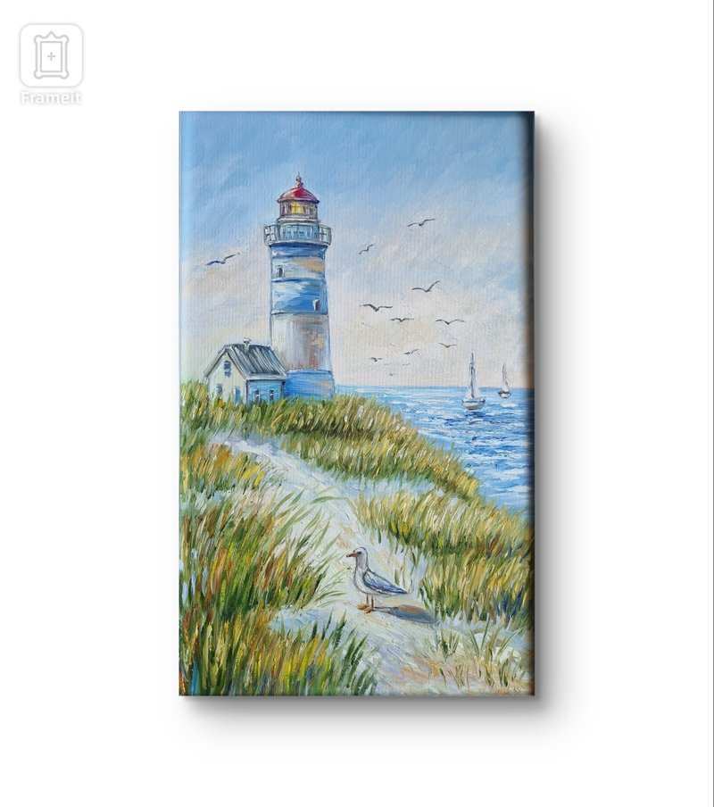 Lighthouse oil painting Original Art Impasto painting seascape artwork - 壁貼/牆壁裝飾 - 棉．麻 藍色