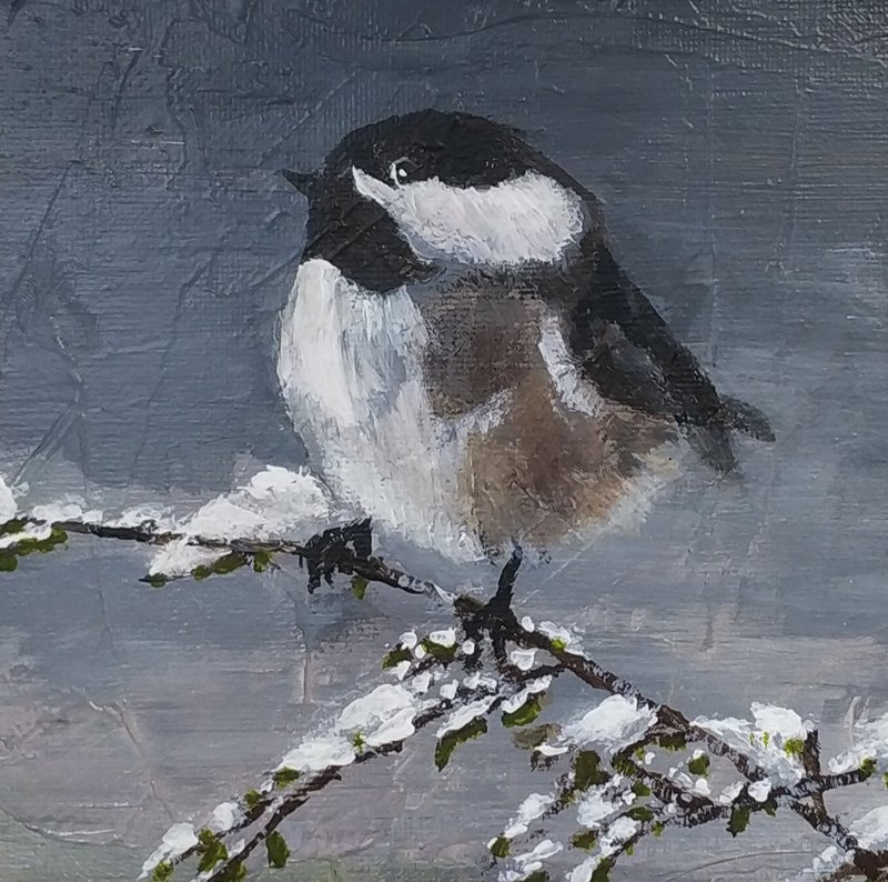 Perching on Winter Branches Original hand-painted oil painting Unique and exquisite log photo frame - ตกแต่งผนัง - ผ้าฝ้าย/ผ้าลินิน 