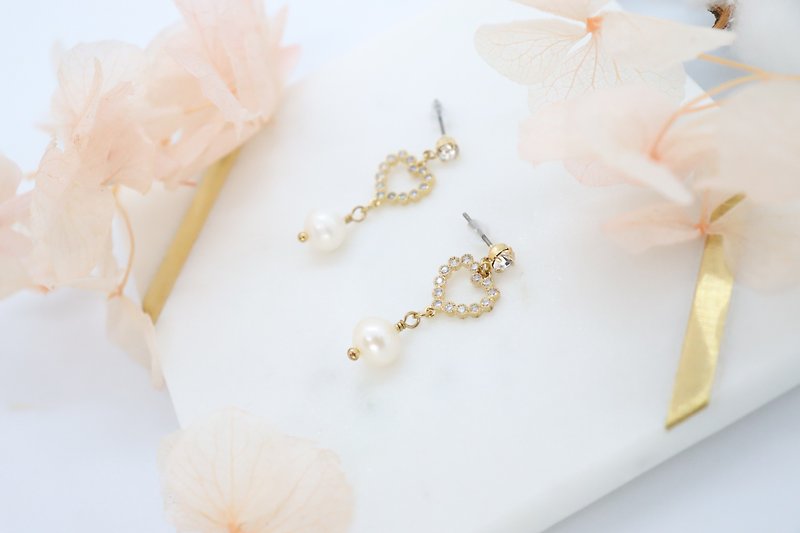 Pearl Earrings & Clip-ons - Lovely Heart Cubic Zirconia Charm & Pearl Dangle Titanium Post Earrings