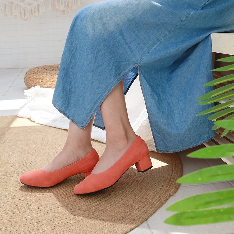 分厚いヒールは履きやすいです。足を絞らないでください[笑顔と花]最後のかかとの低い靴の周り-珊瑚色 - パンプス - 革 ピンク