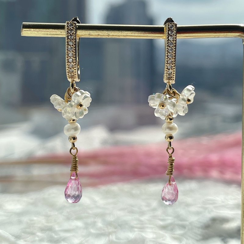 14K Gold Packed Natural Powder Stone Water Drop Freshwater Pearl November Birthstone Earrings - ต่างหู - เครื่องประดับพลอย สึชมพู