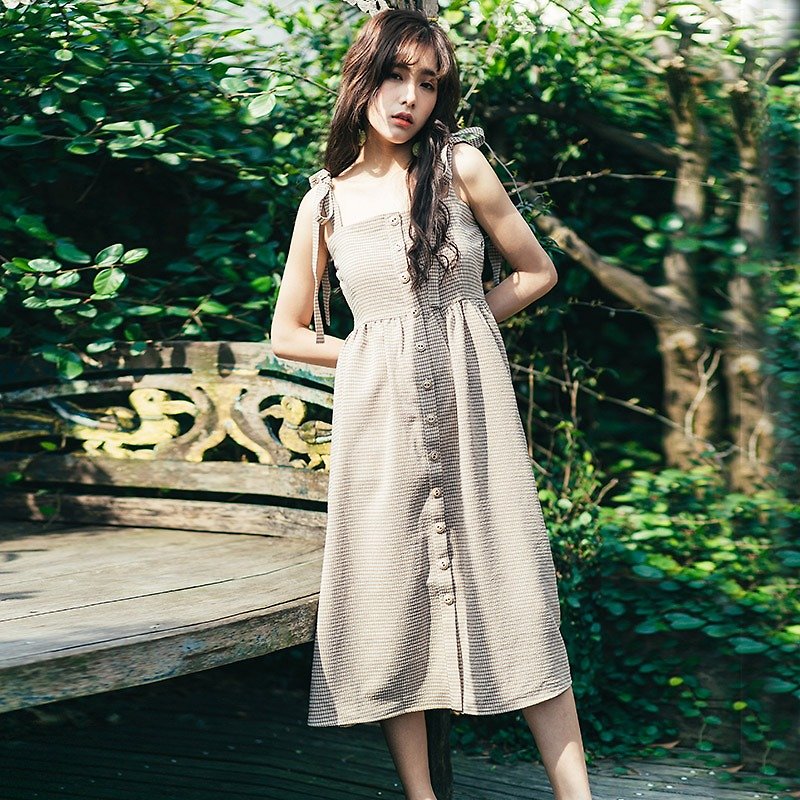 Annie Chen 2017 spring and summer sleeveless plaid dress dress - ชุดเดรส - ผ้าฝ้าย/ผ้าลินิน สีนำ้ตาล