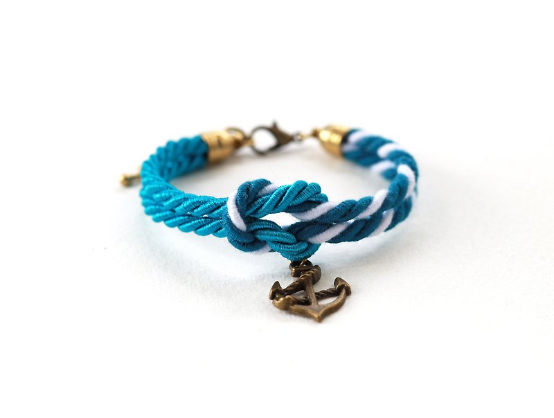 Peacock blue / white-teal knot rope bracelet with anchor charm - Bracelets - Other Materials Blue
