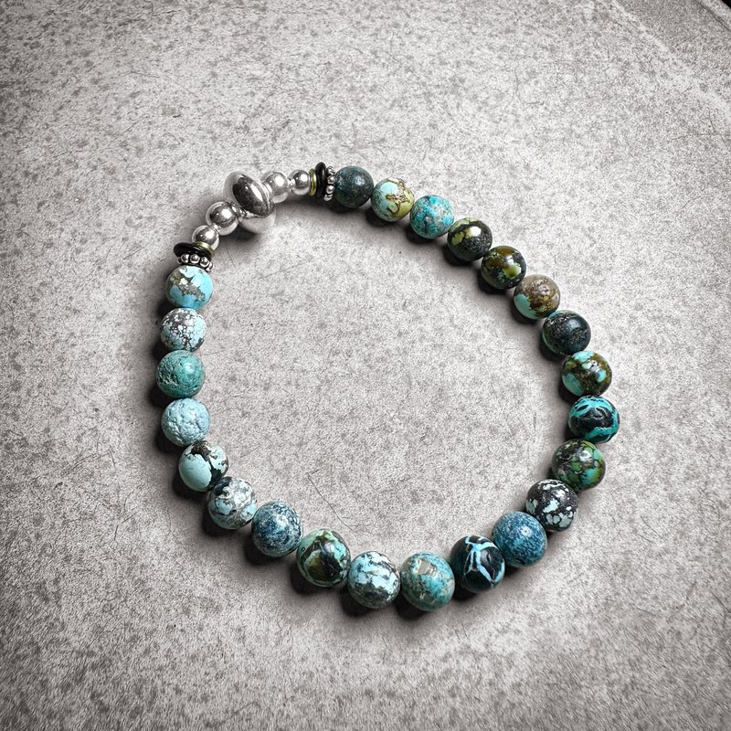 6mm hubei turquoise Bronze and silver bracelet - Bracelets - Semi-Precious Stones 