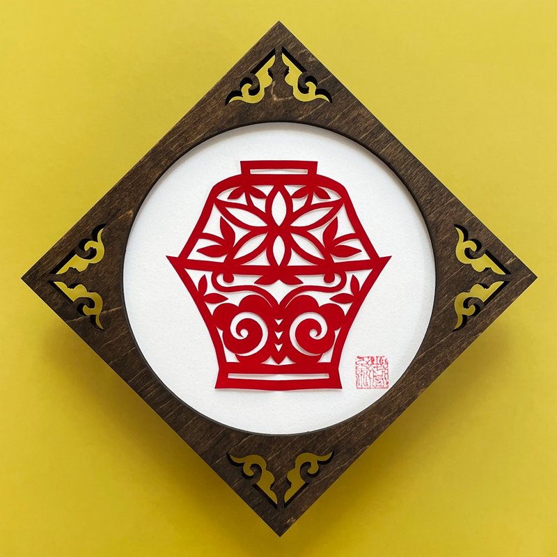 Made-to-order cut paper/tea utensil pattern with wooden frame 1 - โปสเตอร์ - กระดาษ สีแดง