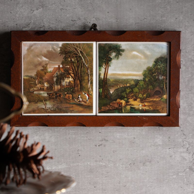 Two vintage ceramic tiles with rural landscapes in wooden frame - Wall Décor - Pottery Multicolor