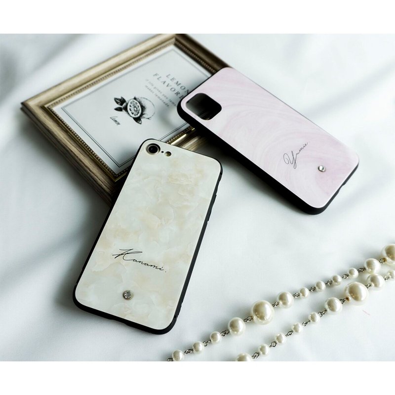 多機種対応 スマホケース ガラス【 大理石風 名入れ 】 ラインストーン iPhone android JI24U - 手機殼/手機套 - 玻璃 白色