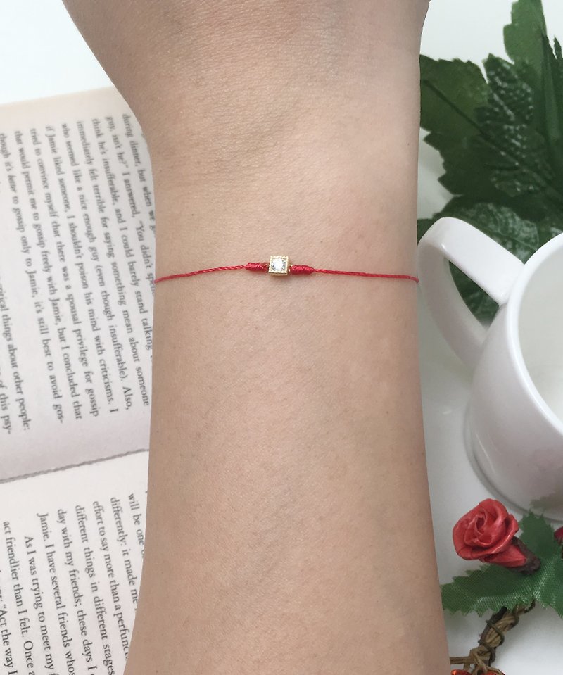 Gold over Sterling Silver Bracelet ultra-small red square diamond Stone gold classical elegance string - Bracelets - Cotton & Hemp Red