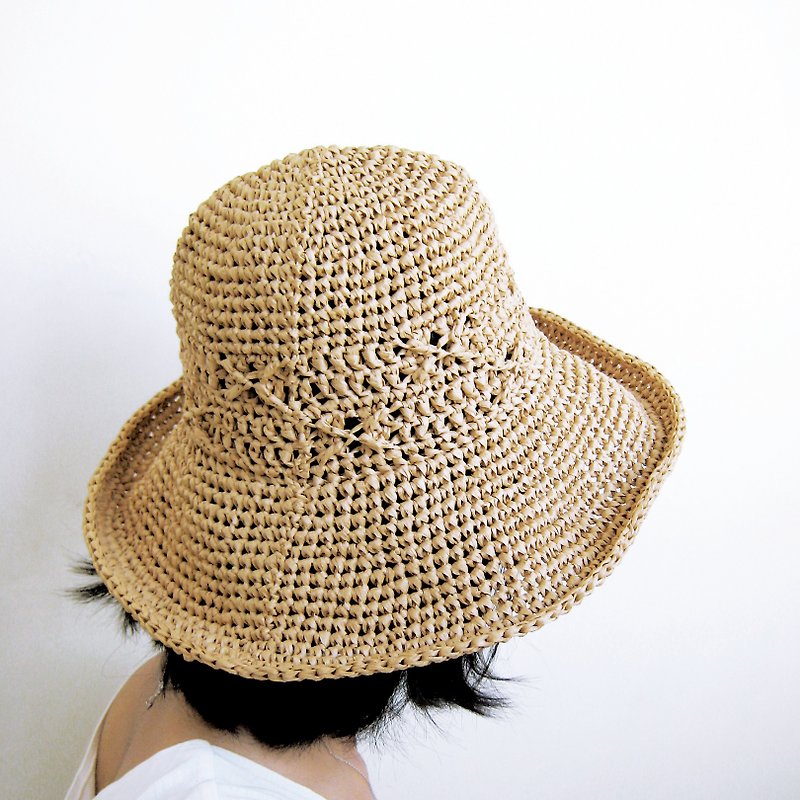 Midsummer hollowed out let the cool breeze blow through the cross-woven wide-brimmed hat\ Khaki\ - หมวก - กระดาษ สีกากี