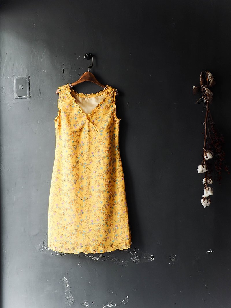 河水山 - 鹿兒島滾滾海浪捲邊鵝黃少女 古董連身紡類紗質長裙洋裝 - 洋裝/連身裙 - 聚酯纖維 黃色