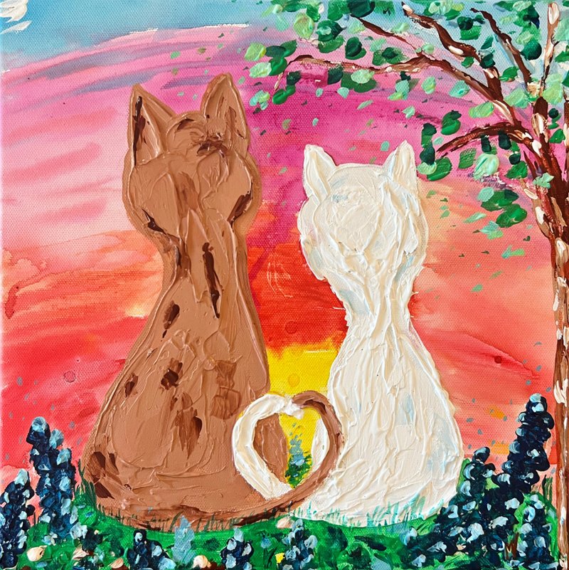 Romantic Cats Painting Bluebonnet Original Art 12 Loving Couple Artwork Impasto - เฟอร์นิเจอร์เด็ก - วัสดุอื่นๆ หลากหลายสี