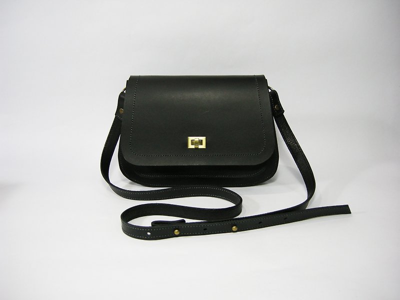 Leather organ bag (black leather) (side backpack, shoulder bag) __ Zuo zuo handmade leather goods - Messenger Bags & Sling Bags - Genuine Leather Black