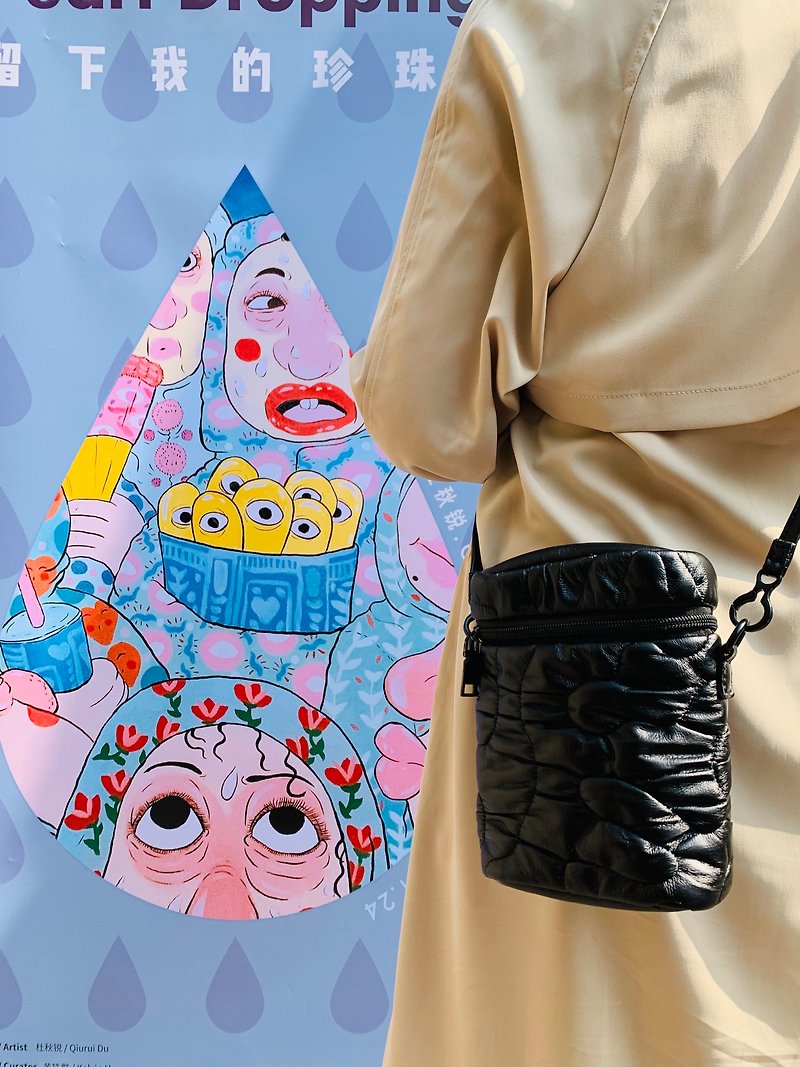 MISSYILIA embroidery softy fashion chic crossbody shoulder bag - กระเป๋าแมสเซนเจอร์ - หนังเทียม สีดำ