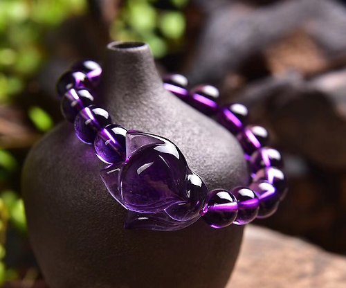 一念之間 精品純天然巴西紫水晶手工雕刻小狐狸單圈手鏈 配10MM紫水晶珠鏈