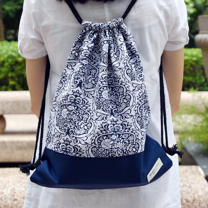 Silverbreeze~Bundle Back Backpack~Damask (B80) - Drawstring Bags - Cotton & Hemp Blue