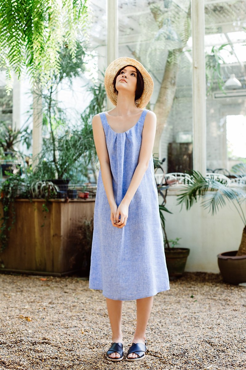 極簡設計連身洋裝-藍色 - 連身裙 - 棉．麻 藍色