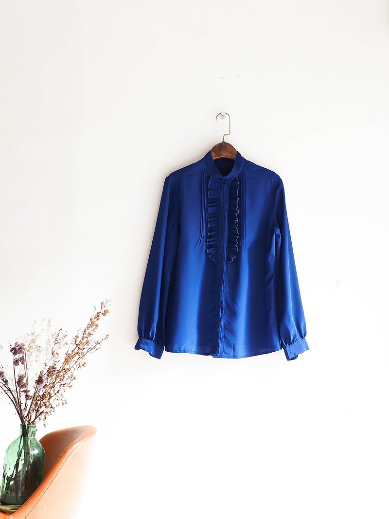 河水山 - 愛知寶藍花朵領片浪愛季節 古董絲質襯衫上衣 shirt oversize vintage - 恤衫 - 聚酯纖維 藍色