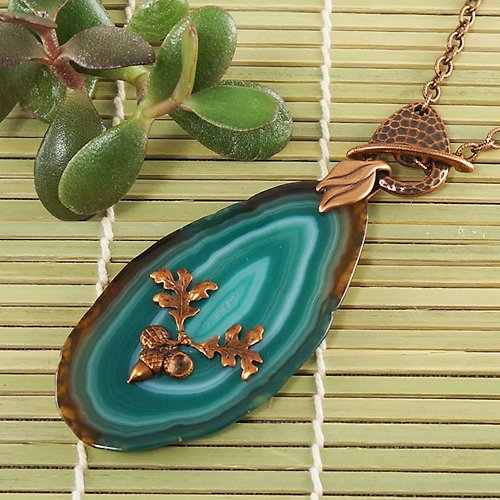 AGATIX Green Agate Slice Slab Copper Acorn Oak Leaf Pendant Necklace Jewelry Gift Gift