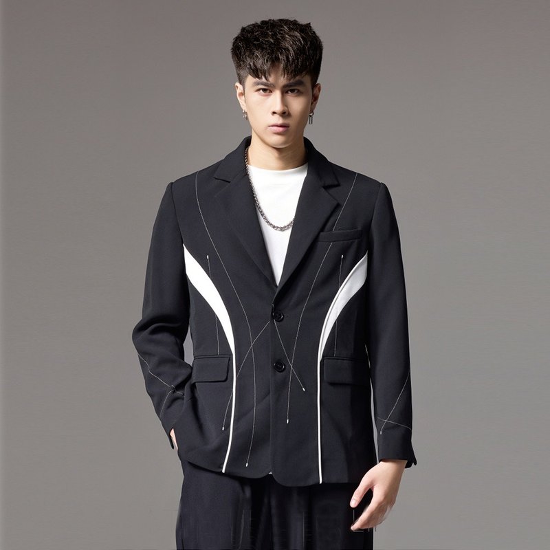 Autumn black and white splicing bump color suit men bright arrest line casual su - เสื้อโค้ทผู้ชาย - เส้นใยสังเคราะห์ สีดำ