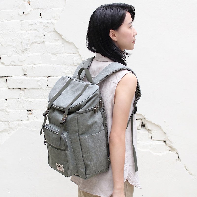 Double buckle large capacity backpack(14''laptop OK)-grey_100398 - กระเป๋าเป้สะพายหลัง - ผ้าฝ้าย/ผ้าลินิน สีเทา