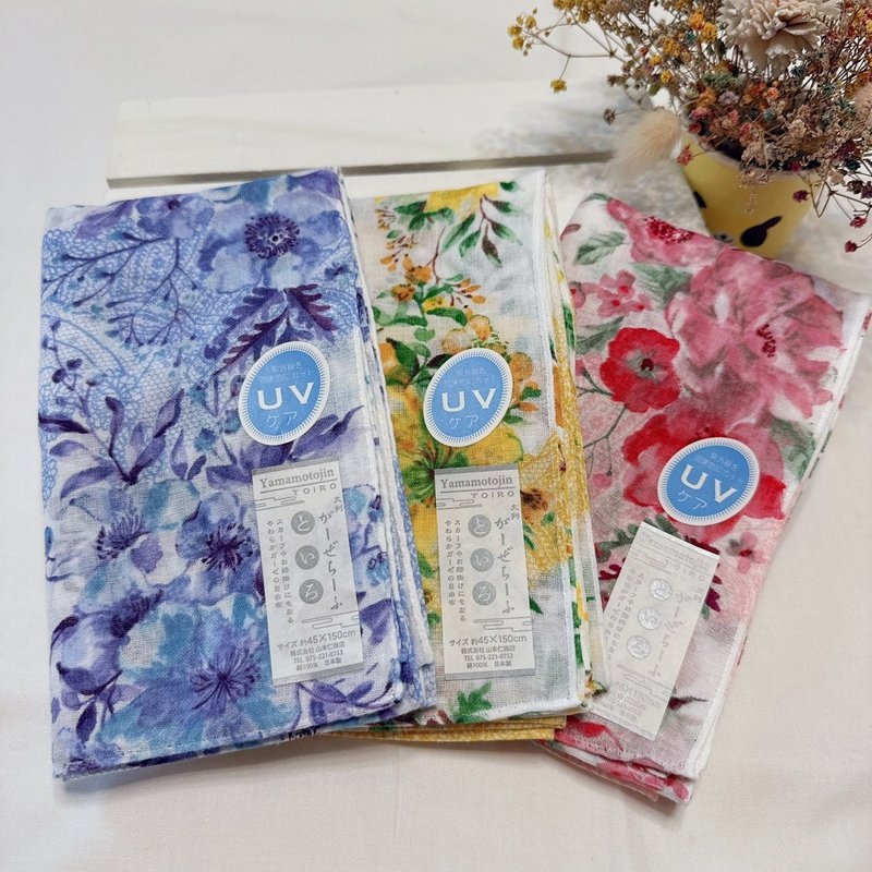 Kyoto UV Protection Scarf - Floral (Pink/Yellow/Blue) - ผ้าพันคอถัก - ผ้าฝ้าย/ผ้าลินิน 