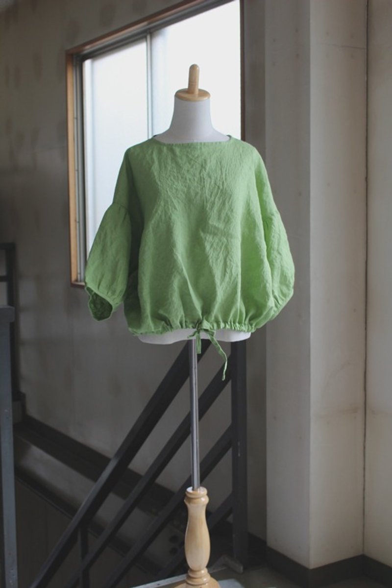 [Spring NEW color arrival] Linen hem gather pullover lime green Lithuanian Linen 100% - Women's Tops - Cotton & Hemp 