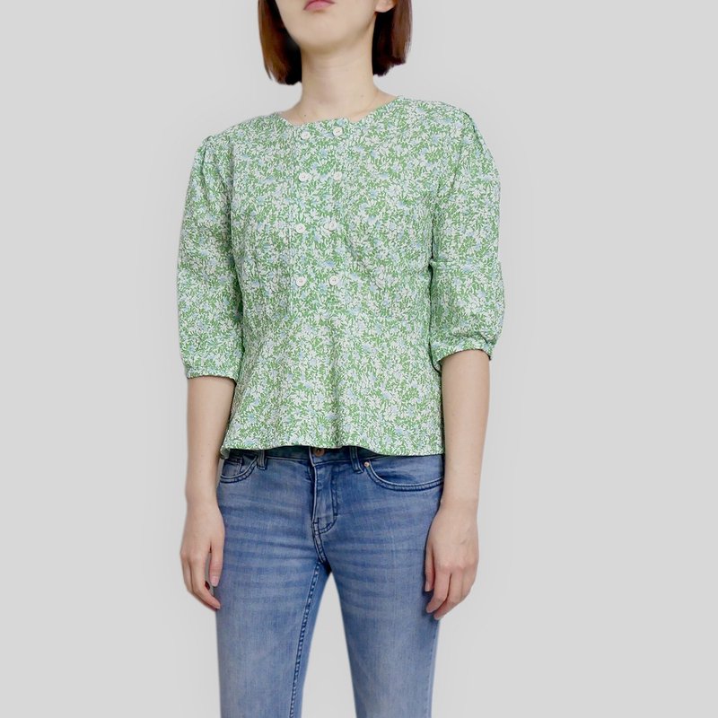 Green Small Floral Cotton Top - Women's Tops - Cotton & Hemp Multicolor