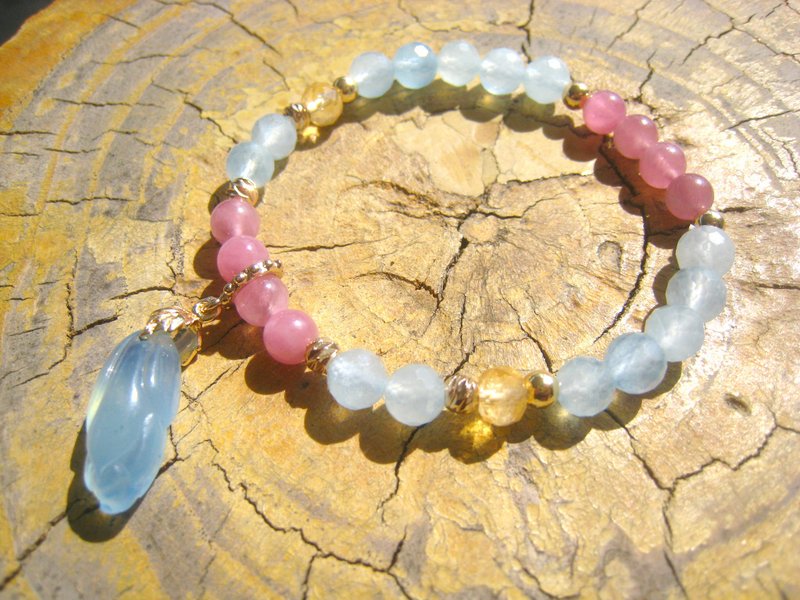 [March Stone] Magnolia [Aquamarine Bracelet Rose Tourmaline Bracelet] Crystal Bracelet Chinese Style - Bracelets - Crystal Blue