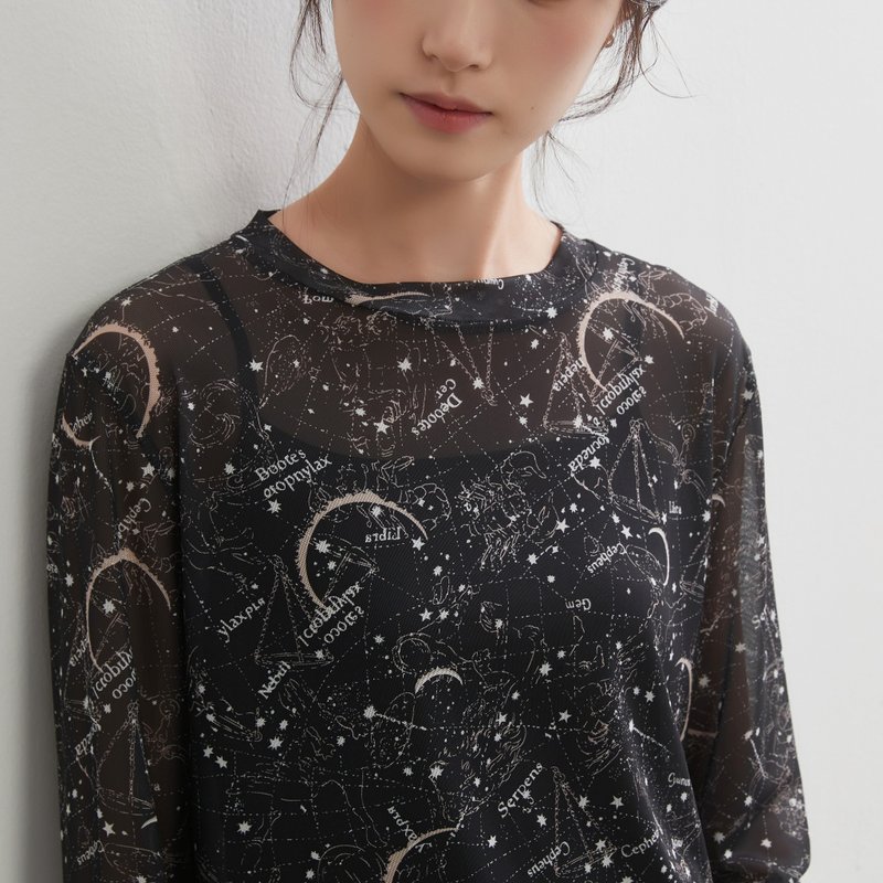 星座とドット2柄プリントパワーネット長袖シアートップ - 女 T 恤 - 聚酯纖維 黑色