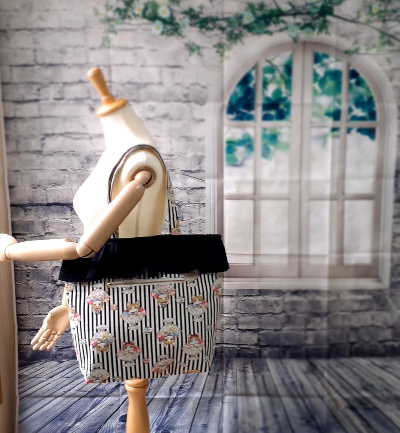 貓咪圖案 荷葉邊 托特包 肩背包 大容量包包 可愛 附拉鍊口袋 口袋多多的包包 - 手袋/手提包 - 棉．麻 黑色