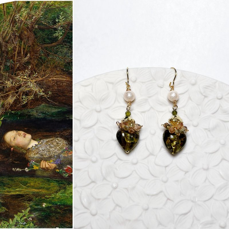 [Artist] [Pre-Raphaelite] Ophelia. Natural stone/glazed/earrings - ต่างหู - กระจกลาย สีเขียว