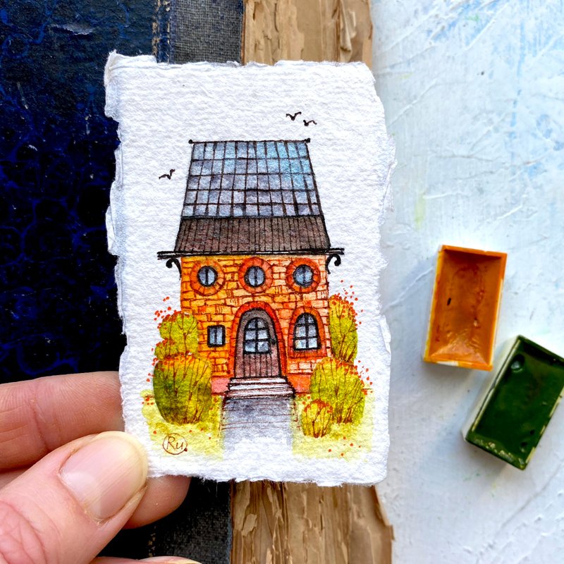 Architecture art Miniature Original watercolor Tiny painting by Rubinova - 海報/掛畫/掛布 - 紙 橘色