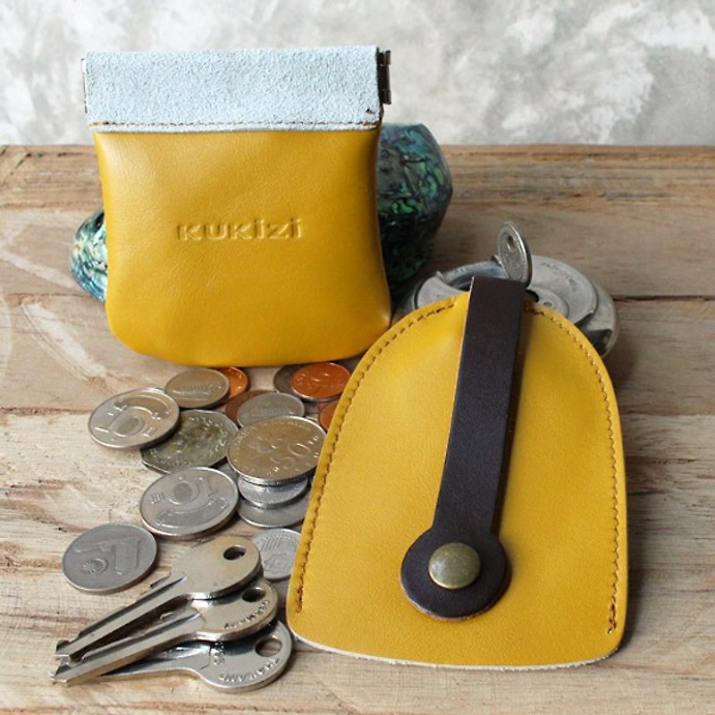 Set of Coin Bag & Key Case - Yellow + Brown Strap (Genuine Cow Leather) - Coin Purses - Genuine Leather 