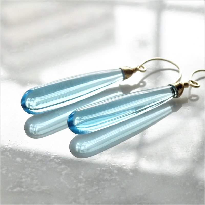 14kgf*Quartz drop pierced earring / earring RIGHT BLU - ต่างหู - เครื่องเพชรพลอย สีน้ำเงิน