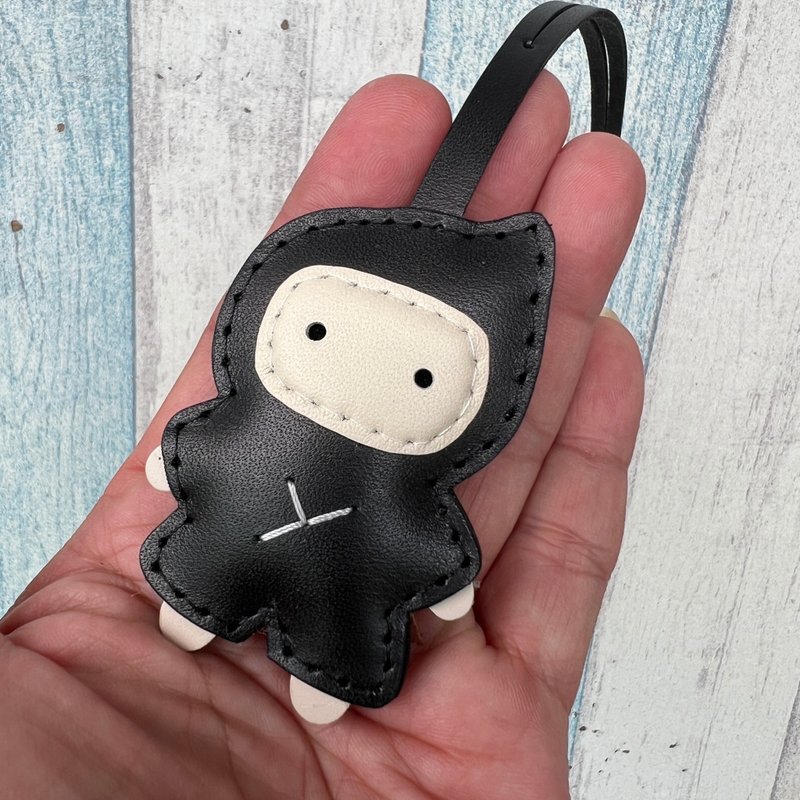 Healing gadgets handmade leather black cute ninja hand-sewn pendant small size - Charms - Genuine Leather Black