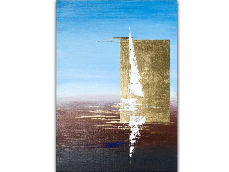 Sailboats Painting Nautical Original Art Boat Abstract Acrylic Painting Wall Art - 海報/掛畫/掛布 - 其他材質 金色