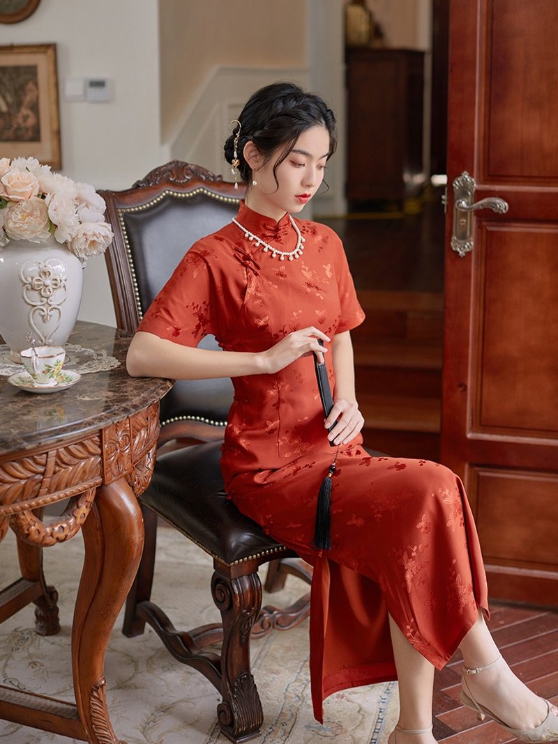 鐵鏽紅 焦糖 仿真絲提花開襟緞面旗袍 復古改良新中式國風洋裝 - 旗袍/改良式旗袍 - 聚酯纖維 紅色