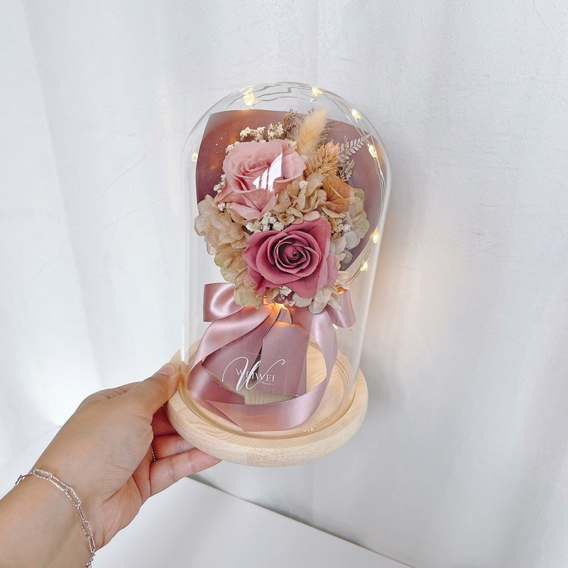 Valentine's Day Gift/Customized Gift LED Rose Bouquet Preserved Flower Bell Jar - Morandi Pink + Lotus Root Purple - Dried Flowers & Bouquets - Plants & Flowers Purple