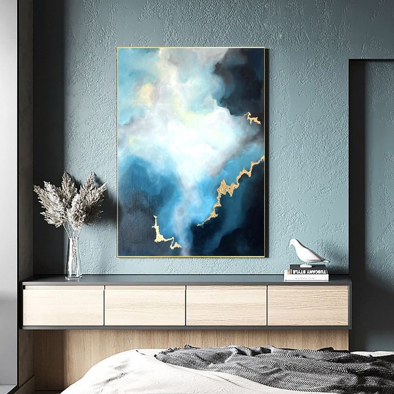 掛畫 Abstract painting  Wall decor Art, Hanging Picture,Home Decor - 走廊掛畫 - ตกแต่งผนัง - ผ้าฝ้าย/ผ้าลินิน สีน้ำเงิน