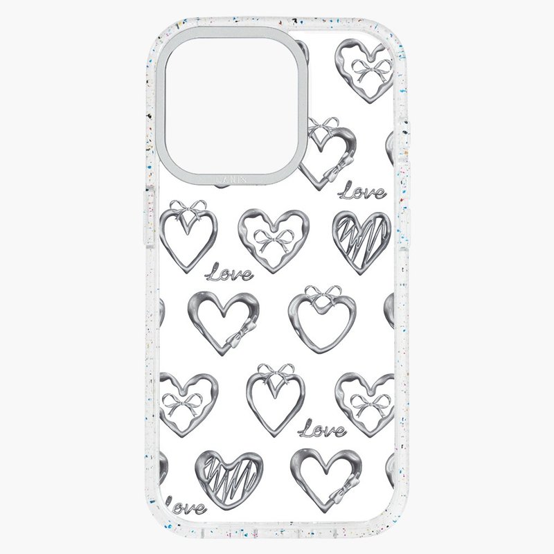 月銀金屬 很多愛心 透彩框 iPhone 16 15 14 13 Pro Max - 手機殼/手機套 - 環保材質 透明