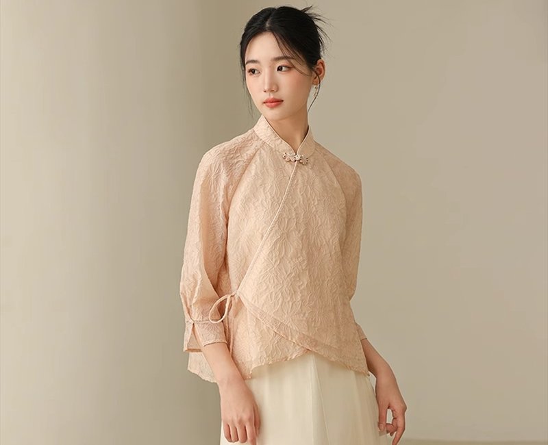 New Chinese retro Chinese style tea dress cross collar tie layered top/skirt - เสื้อผู้หญิง - วัสดุอื่นๆ สึชมพู